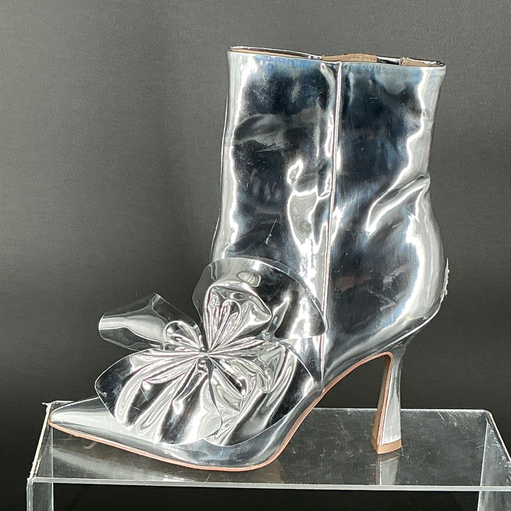 Sam Edelman Size 8 Silver Metallic Pointed Ankle Bootie Bow Stiletto Boots Esmae - Picture 6 of 14